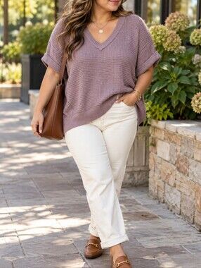 Andree Mauve V-Neck Oversized Short Sleeve Knit Sweater Pullover Casual